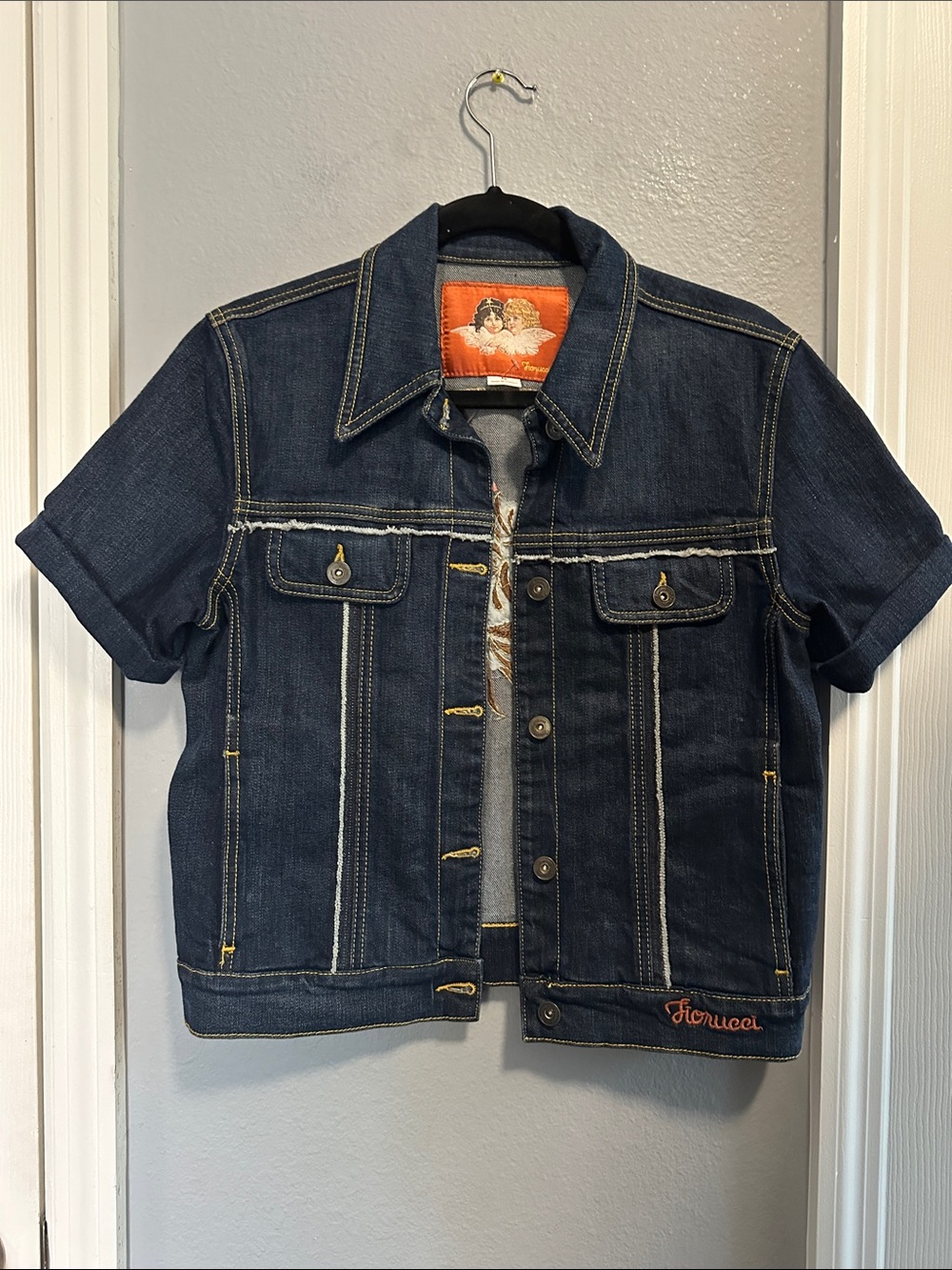 Fiorucci Short-Sleeve Dark Denim Jacket with embroidered detail
